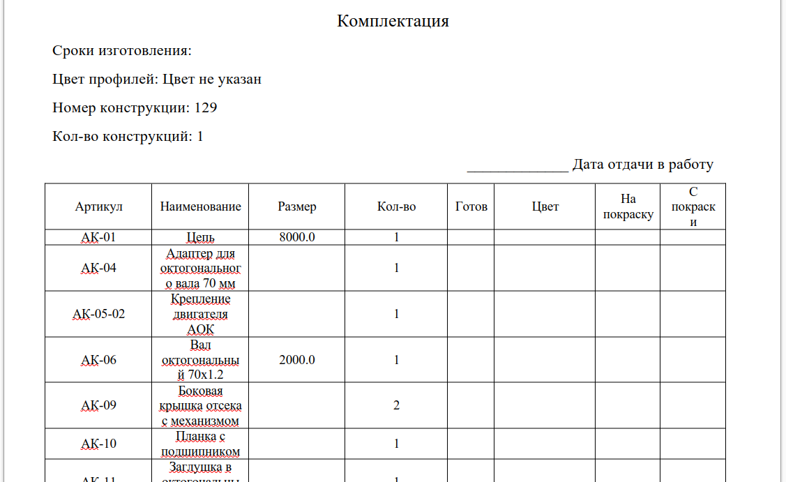 Задание на производство: комплектация и схемы
